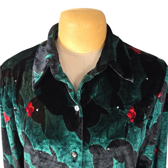 Quacker Factory Holiday Velvet Shirt Womens L Holly Berry Rhinestone Top Festive - Picture 3 of 12